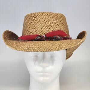 Peter Grimm Tan Cowboy Hat Woven Straw Western Bandana Wrap Red Grey Band Knit